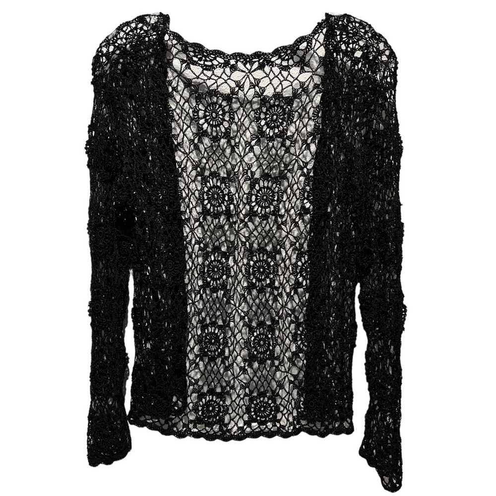 black boho open-front crochet cardigan w intricate floral medallion motif